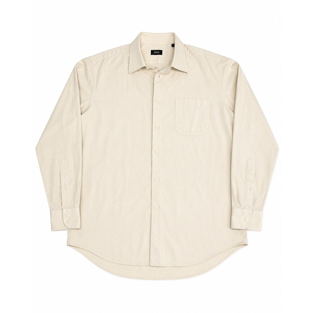 Hugo Boss Mens Button Down Shirt 16.5 34/35 Beige Long Sleeve Cotton Pocket